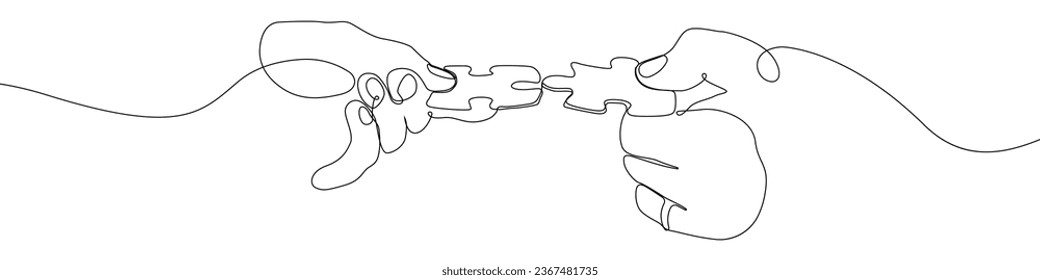 Hände mit Rätsel eine Linie Ziehvektor. Team Building kontinuierliche Linie Zeichnung Vektorgrafik. Das Team arbeitet eine einzige Zeilenzeichnung. Hintergrundkontur Linie Geschäftspartner Vektor.