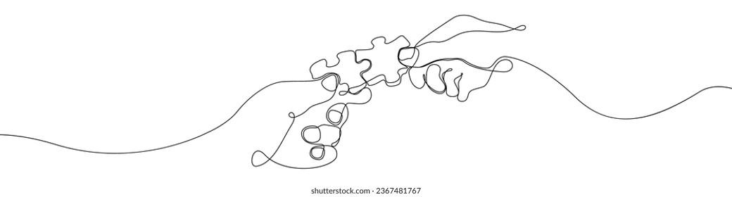 Hands with puzzles one line drawing vector. Team building continuous line drawing vector. Team work a single line drawing. Background contour line Business partners vector.