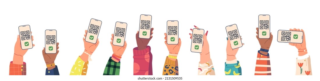 Manos con código Qr en pantalla de teléfono. Hombres y mujeres vacunados que muestran pasaportes de vacunación e inmunización a la salud digital, las personas muestran certificados con en smartphones. Ilustración del vector de dibujos animados