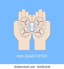 Hands with quadcopter. Vector illustration, linear design. Concept for high technology, science or education.Illustration could be used for advertising, web design or as element of logo.