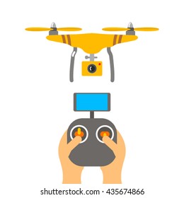 Hands and quadrocopters remote control. Flat vector illustration isolated on white background