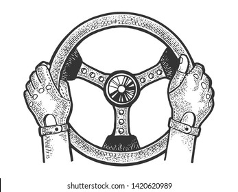 Hands of racer on car steering wheel sketch engraving vector illustration. Scratch board style imitation. Black and white hand drawn image.