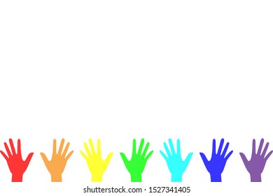 Hands of rainbow colors with copy space isolated on white background 