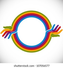 Hands and rainbow design element with copy space in the center, vector illustration.