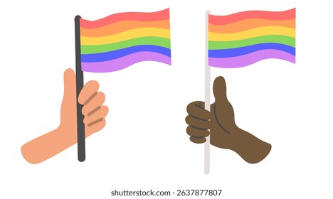 hands with rainbow flags in doodle stylr in vector. Illustrations for prints, posters, stickers, postcards, invitations
