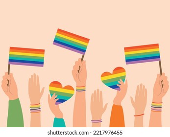 Hands with rainbow flags and hearts are LGBT symbols. The concept of equal rights, tolerance, humanity. Vector graphics.