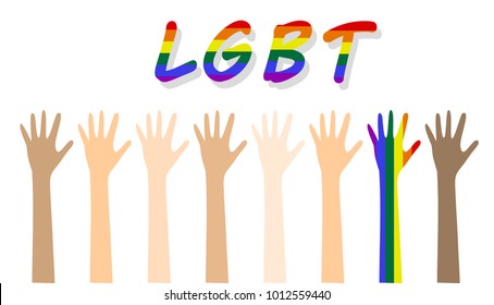 up Hands and rainbow hand on white background. LGBT love support. equality and diversity love