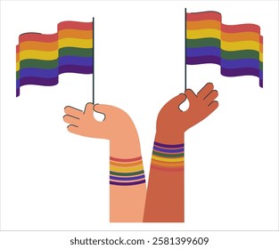 Hands and rainbow lgbt flag celebrate pride month illustration. LGBT elements pride month icon