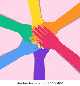 Hands With Rainbow Lgbtq On Pink Background.