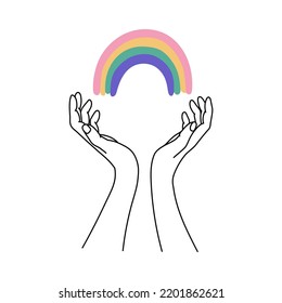 Hands with rainbow. Line icon.
