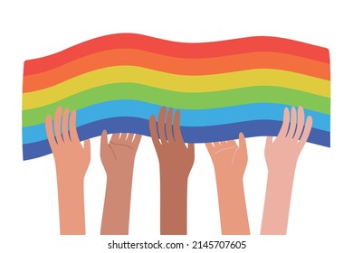 Hands And Rainbow Pride Flag. Variety Of Hands. LGBT Concept. Hand-drawn Homosexual People. Equality And Love Protection.