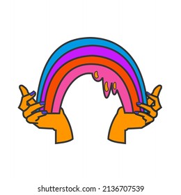 Hands with rainbow Psychedelic element Flat vector illustration on white background