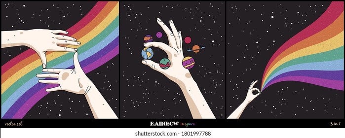 Hands and rainbow in space. Gay Pride. Romantic LGBT concept. Colorful cosmic texture background. Night starry sky. Set of abstract vector illustration for poster, t-shirt print, postcard