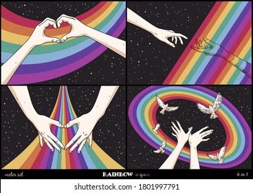 Hands and rainbow in space. Gay Pride. Romantic LGBT concept. Colorful cosmic texture background. Night starry sky. Set of abstract vector illustration for poster, t-shirt print, postcard
