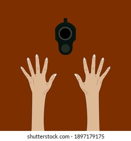 las manos levantadas y el cañón de una pistola. Ilustración de material vectorial eps10.