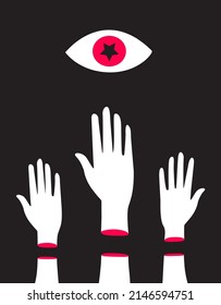 Hands raised up and big eye with Russian red star above them. Poster concept representing Soviet Union system or USSR politics