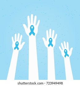 Hands raised with blue prostate cancer awareness ribbon. Vector illustration.