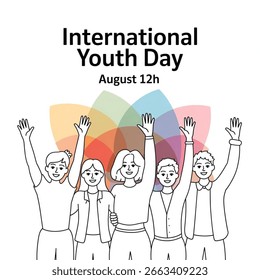 Mãos erguidas em celebração, desenho em linha contínua. Dia Internacional da Juventude, 12 de agosto. Ilustração vetorial da unidade e da alegria da juventude.
