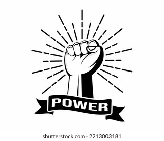 Hands Raised Clenching Fist Sign Over Light Circle Contrast Graphic Style Logo and Power Letters Symbolizing The Power of Unity - Black On Striped Background - Vector Hand Drawing Design isolated over