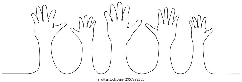 Hands raised up continuous line art drawn. Vector illustration isolated on white.