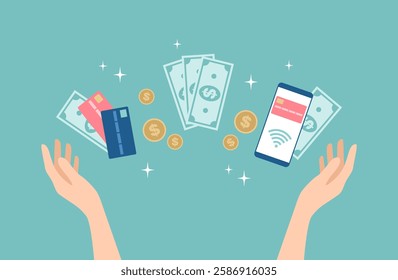 Hands raised up with credit cards, banknotes, coins and smartphone with contactless payment between them. Payment methods set. Flat vector illustration