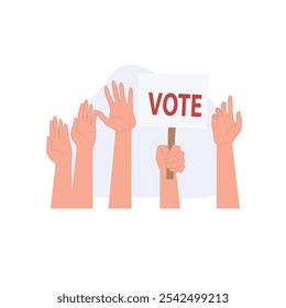 Manos levantadas en una multitud para votar, con una mano sosteniendo un signo de "voto"