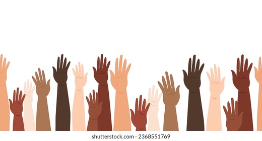 Manos levantadas, diferentes personas de diferentes grupos étnicos. Igualdad racial. Integración multicultural de la comunidad. Ilustración del vector de fondo sin problemas