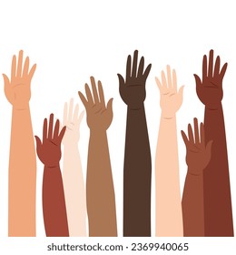 Hands raised, different people from different ethnic groups. Racial equality. Multicultural community integration. Vector illustration