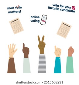 Hands raised with diverse skin tones, promoting online voting and election participation