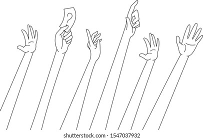 Hands raised up with the goal: ask a question, clarify details, inquire, draw attention to yourself. Attract attention to a problem during a speech, interview, express your opinion. Vector, eps 10.