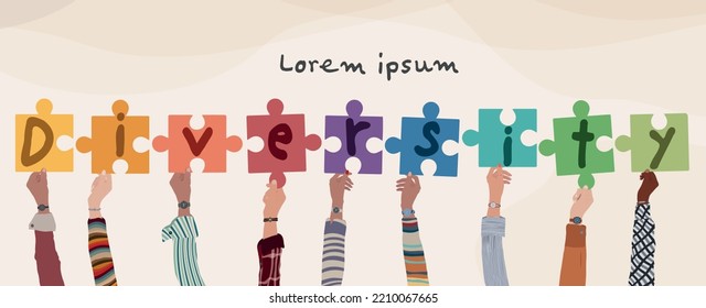 Hands Raised Up Group Of Diverse And Multicultural People Holding Puzzle Pieces With Letters Forming The Word -Diversity-. Racial Equality Concept. Variety Of People. Banner Copy Space