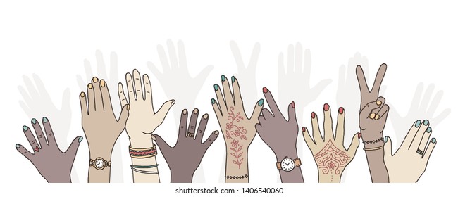 Hands raised up - hand drawn, diverse hands raised in the air