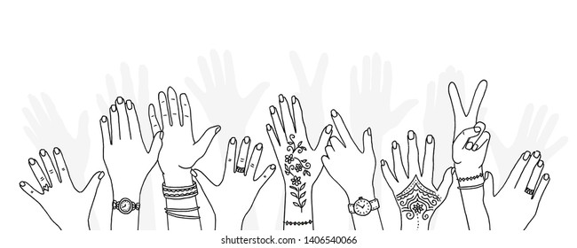 Hands raised up - hand drawn, diverse hands raised in the air