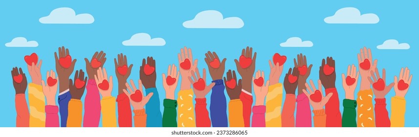 Hands raised up hold hearts, share compassion and hope with those in need.