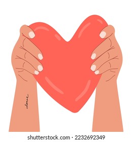 Hands raised up and holding a large red symbolic heart.Vector clip art isolated on white background.Cartoon flat style illustration for cards,posters,scrapbooking.Hand drawn print on fabric and paper.