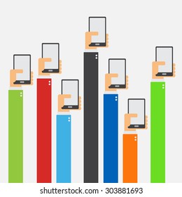 Hands raised holding smartphone flat design on white background