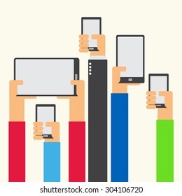 Hands raised holding smartphone and tablet flat design on white background