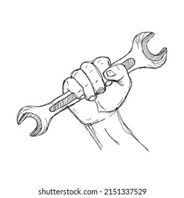 hands raised up holding a wrench, as a symbol of the spirit of a worker