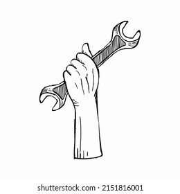 hands raised up holding a wrench, as a symbol of the spirit of a worker