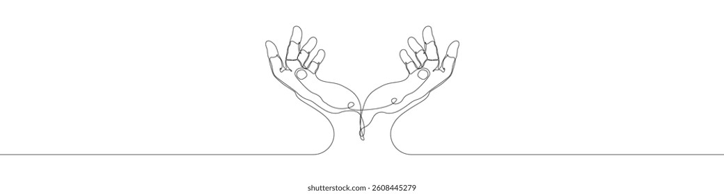 Hands raised up icon line continuous drawing vector. One line Hands that reach out icon vector background. Helping hand icon. Continuous outline of a Hands that reach out icon.