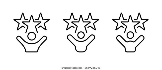 Hands raised man with three stars outliine icon set. Talent acquisition, employee award, customer satisfaction, success. Icon editable stroke vector illustration