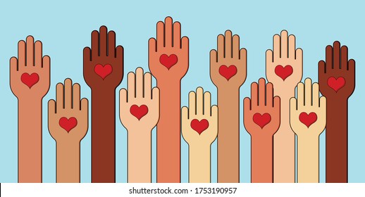 Hands Raised Multi Racial With Heart Shape,  Charity And Donation Share Your Love