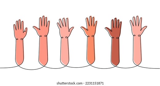 Hands raised up one line colored continuous drawing. Voting, volunteering continuous colorful one line illustration. Vector linear illustration.