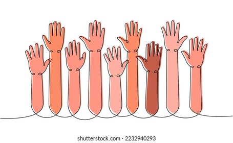 Die Hände hoben eine einzeilige, durchgehende Zeichnung auf. Teamwork, Zusammenarbeit kontinuierliche bunt eine Linie Illustration. Lineare Vektorgrafik.