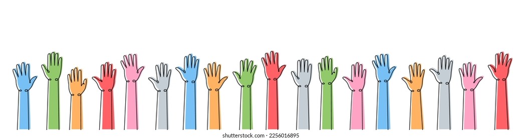 Hands raised up one line colored continuous drawing. Public opinion, user feedback continuous colorful one line illustration.