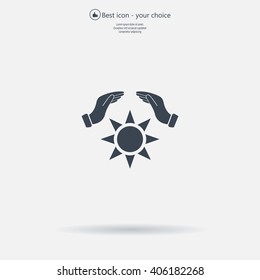 hands raised over the sun. vector illustration.