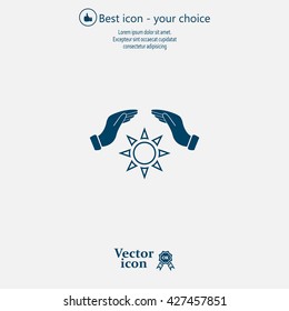 hands raised over the sun. vector illustration.