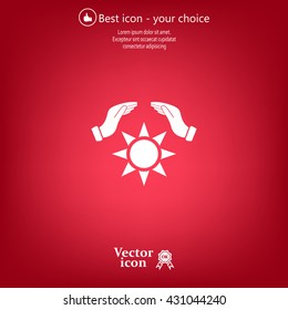 hands raised over the sun. vector illustration.