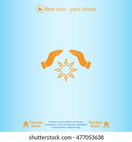hands raised over the sun. vector illustration.