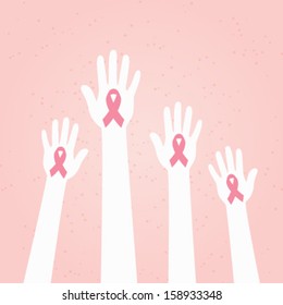 Hands raised with Pink Breast Cancer Awareness Ribbon. Vector illustration.